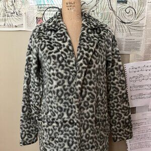 a new day Grey Snow Leopard Print Faux Fur Coat Long Open Front Pockets XS